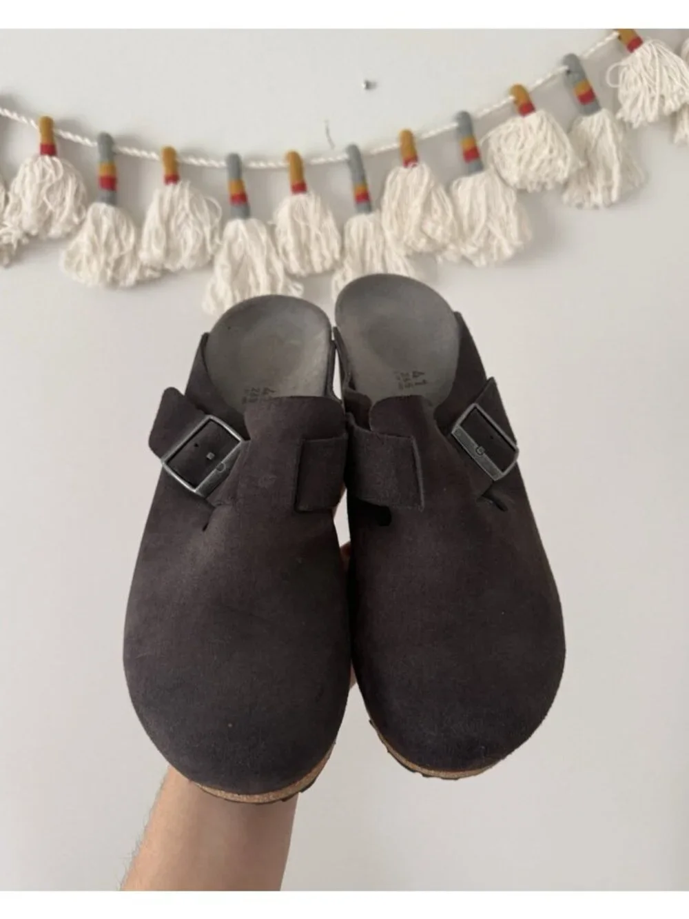 Birkenstock Papillio Fanny Suede Leather Wedge Charcoal Black Buckle Slip On 41